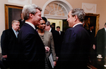 Max Baucus, Condoleezza Rice, and George W. Bush at trade meeting by Creator unknown