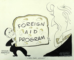 Senator Mike Mansfield holding a piece of bread with holes to symbolize the Foreign Aid Program by Burges Green
